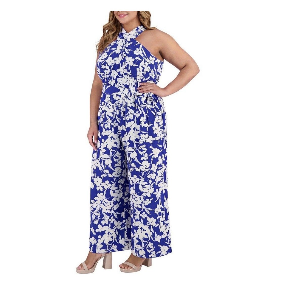 NWT London Times Halter Jumpsuit 16 Rosetta Blue White  Wide Leg Criss Cross